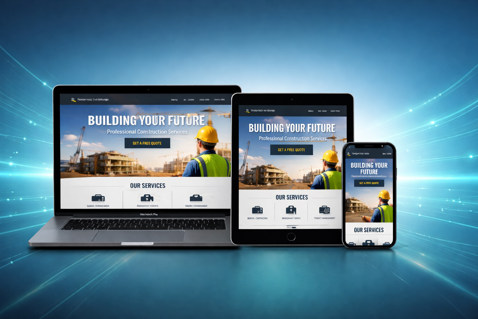Laptop, tablet, and phone displaying a construction website with a worker wearing a hard hat.