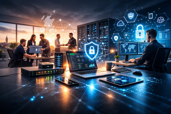 Cybersecurity team working in a server room, using laptops and screens. Futuristic digital overlay with security icons.