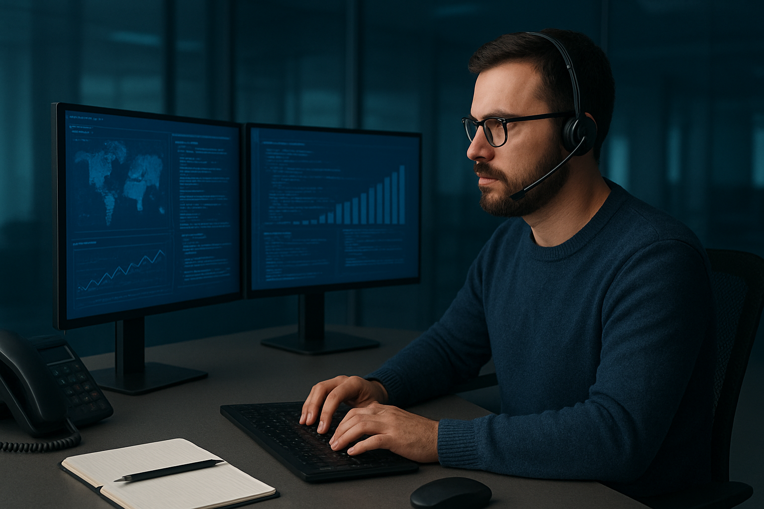 Man with headset and glasses looking at two monitors in a dark office.