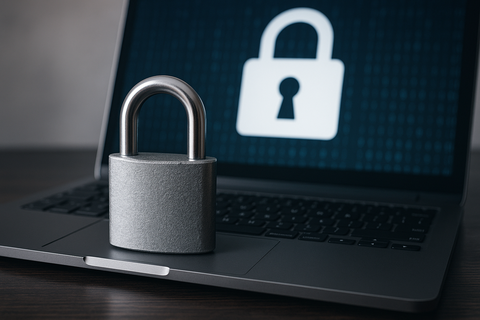 A padlock is sitting on top of a laptop computer.