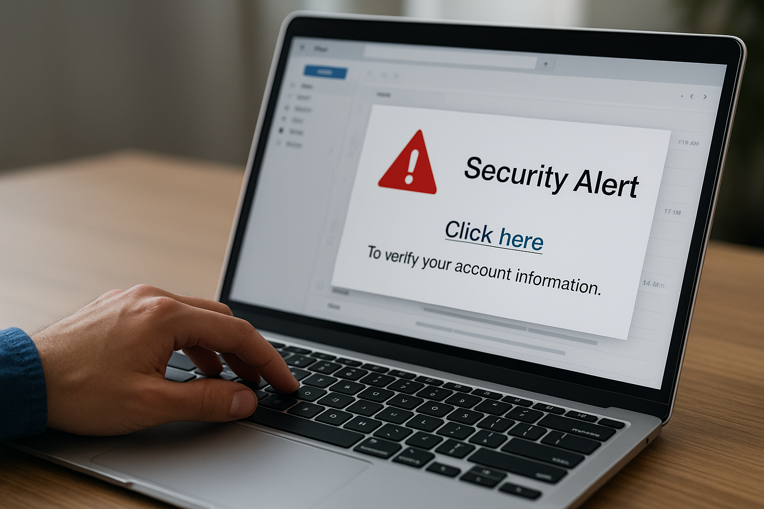 A person is typing on a laptop computer with a security alert on the screen.