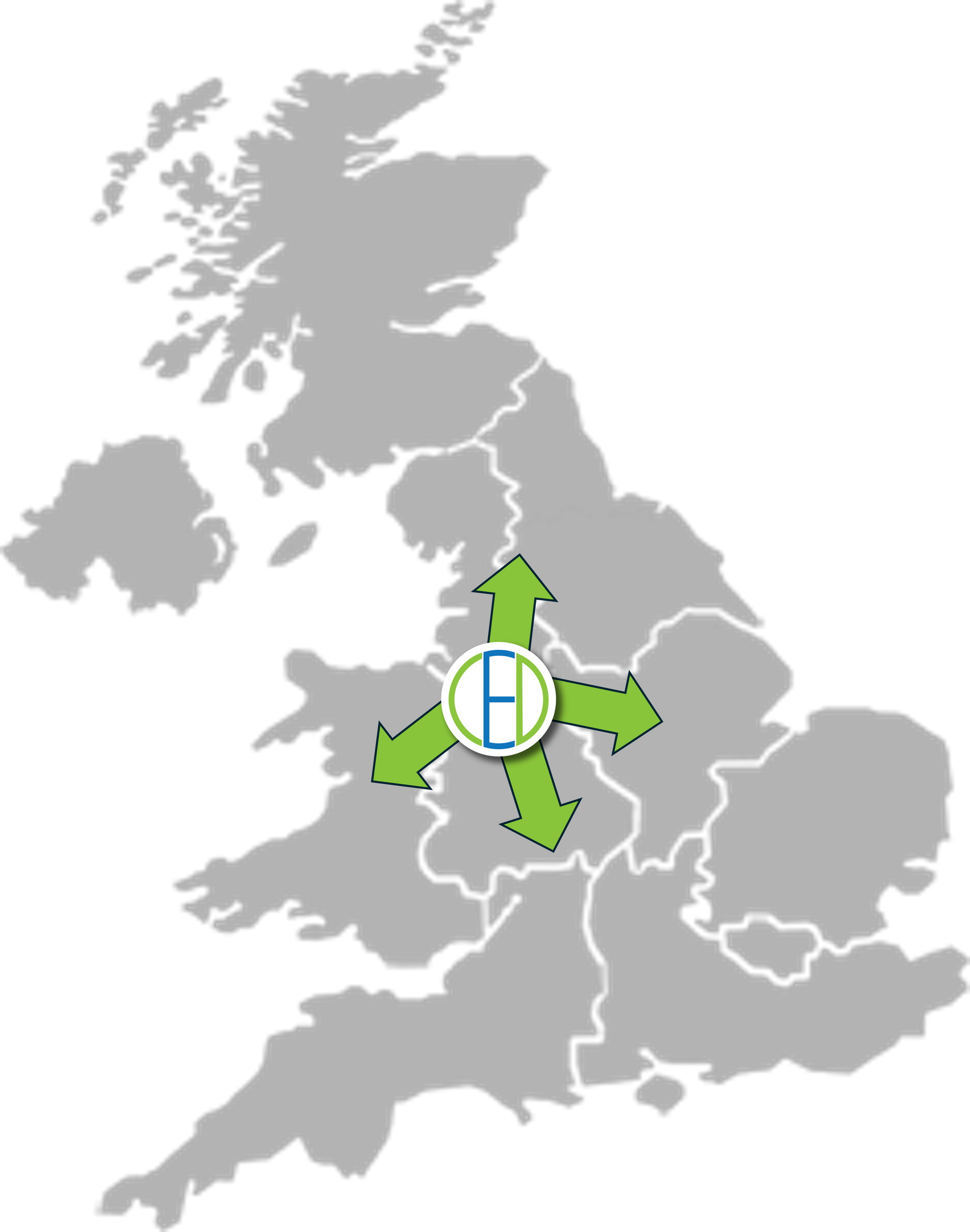 Map of the UK with central England highlighted; green arrows radiate from a circle with the letters 