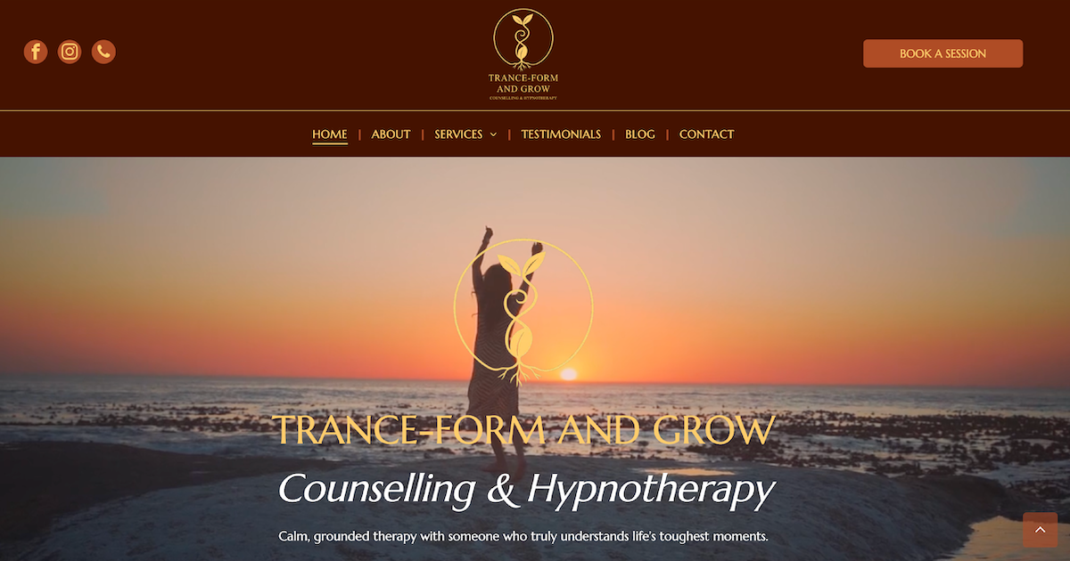 A screenshot of a website for Trance-Form and Grow Counselling & Hypnotherapy