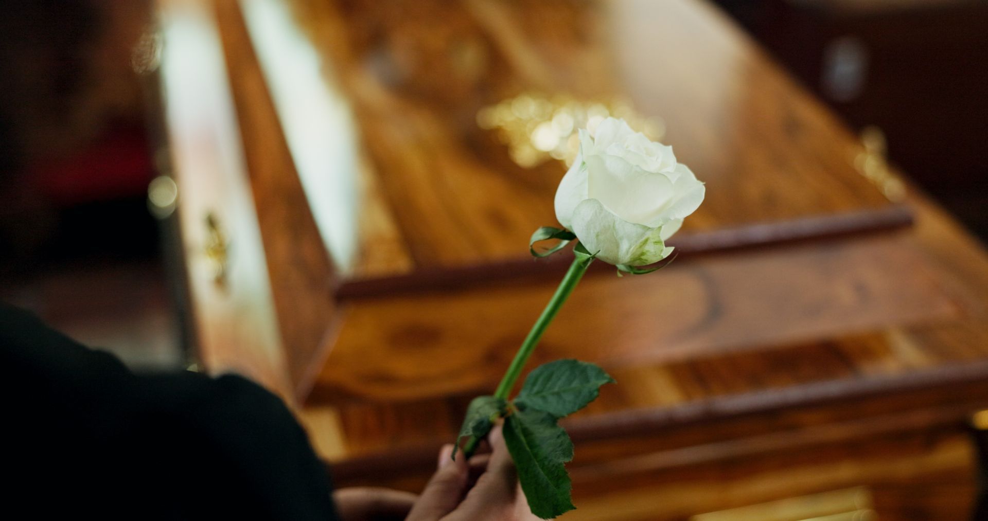Hand holding a white rose at a wooden casket in a funeral setting