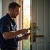 Man in blue shirt, using tools to repair a door lock near a window.