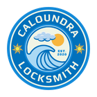Logo for Caloundra Locksmith: blue circle with wave, sun, cloud, and text.