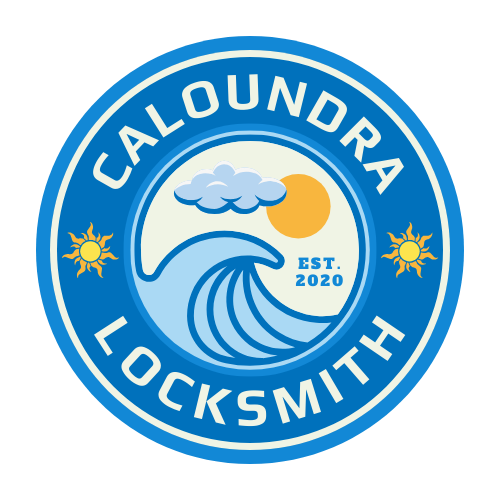 Logo for Caloundra Locksmith: blue circle with wave, sun, cloud, and text.