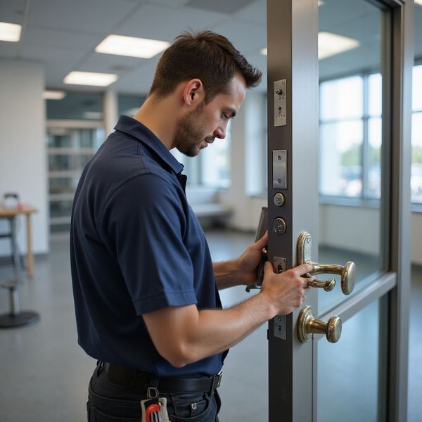 Man in blue shirt installing a door lock inside a modern office building.