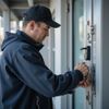 Man in cap and jacket, using keys to unlock a door with several locks.
