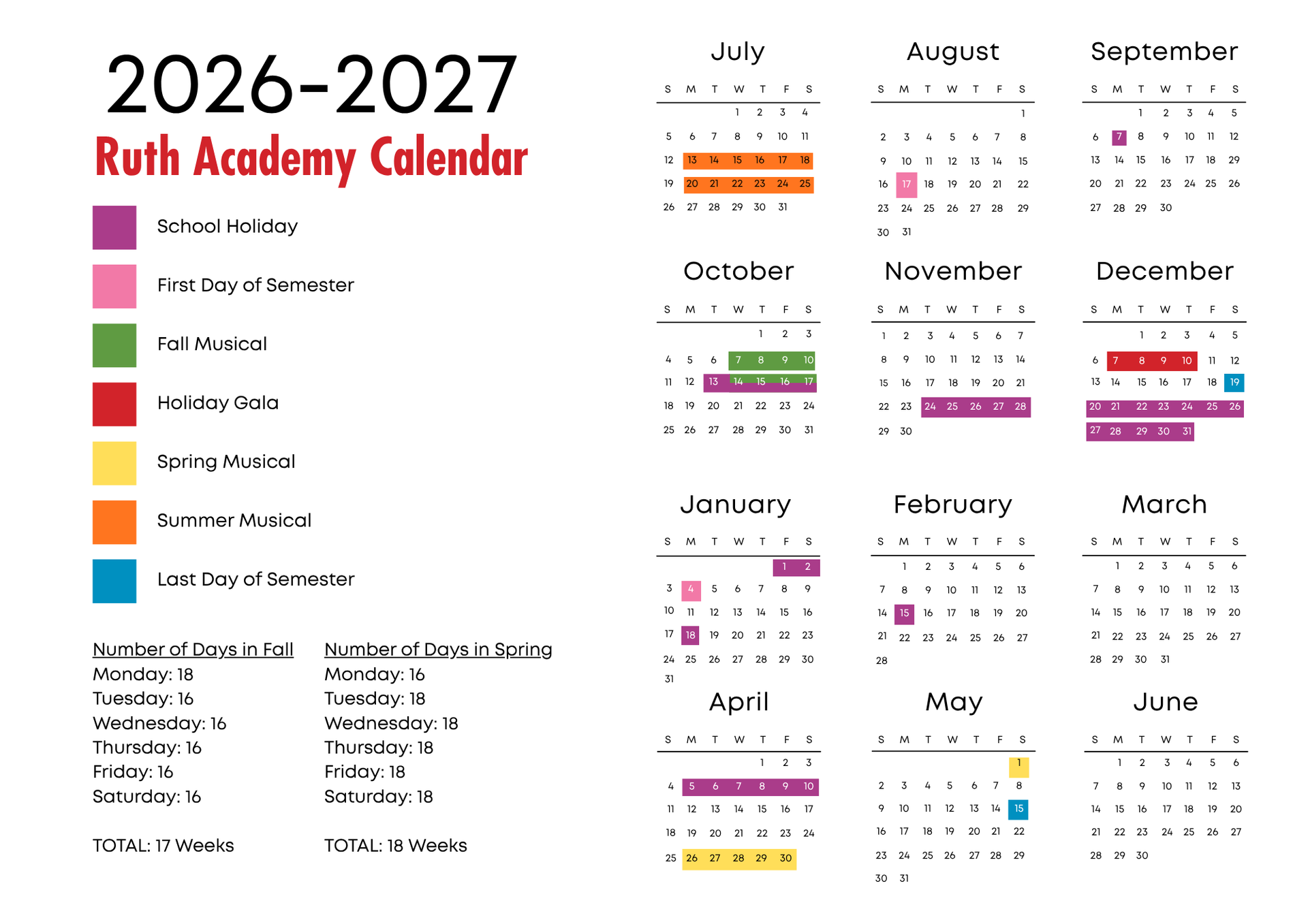 2025-2026 Ruth Academy academic calendar with color-coded key for holidays, semester starts, performances, and reviews.