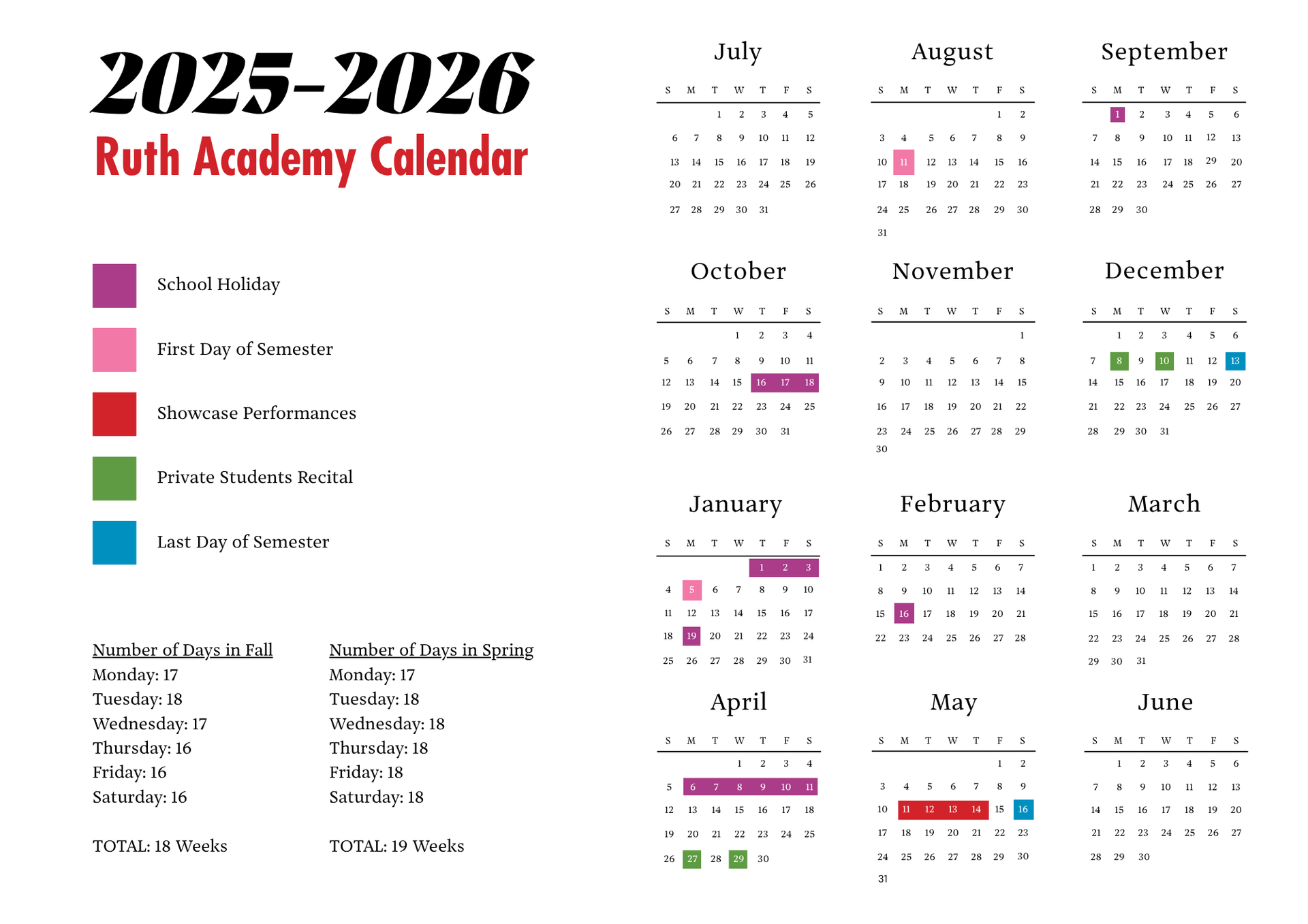 2025-2026 Ruth Academy academic calendar with color-coded key for holidays, semester starts, performances, and reviews.
