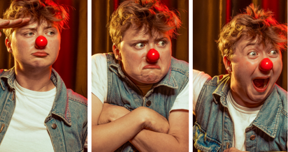 A triptych showing a person with a red clown nose making three different facial expressions: saluting, frowning, and shocked.