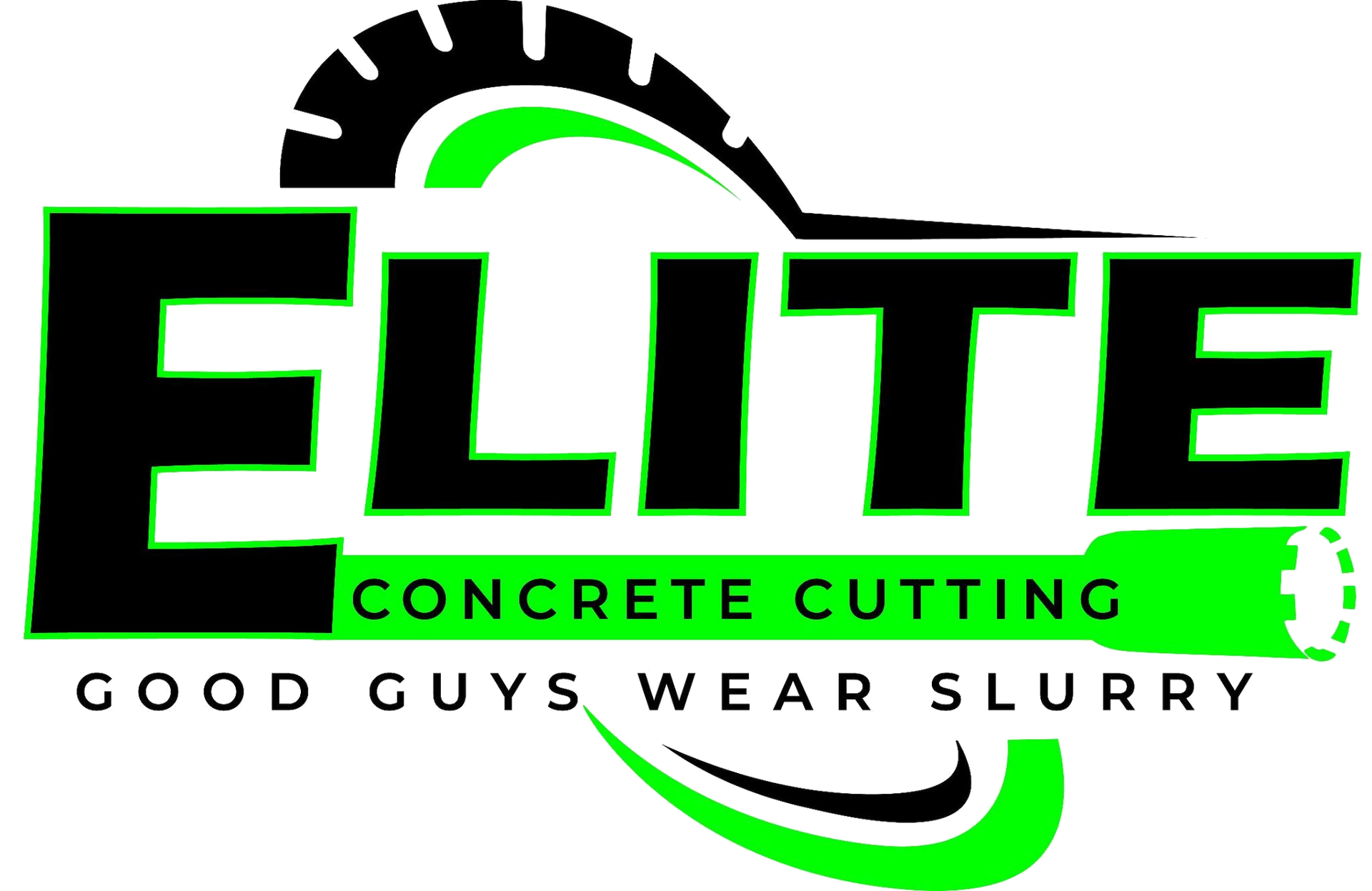 Logo for Elite Concrete Cutting, featuring black and neon green text with a stylized circular blade graphic.