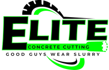 Logo for Elite Concrete Cutting, featuring black and neon green text with a stylized circular blade graphic.