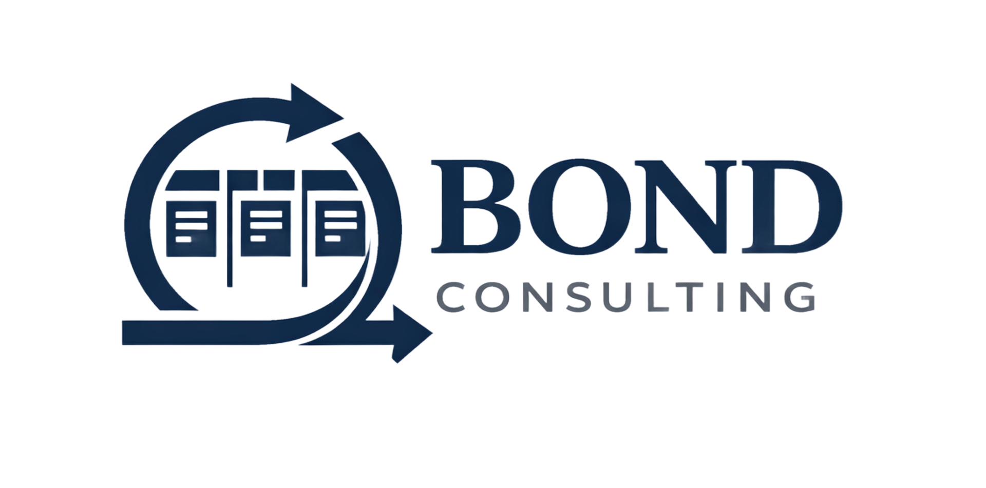 Bond Consulting logo with navy building icon and circular arrow on white background