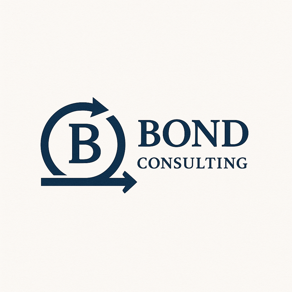 Logo for Bond Consulting: blue circle with arrows around a 