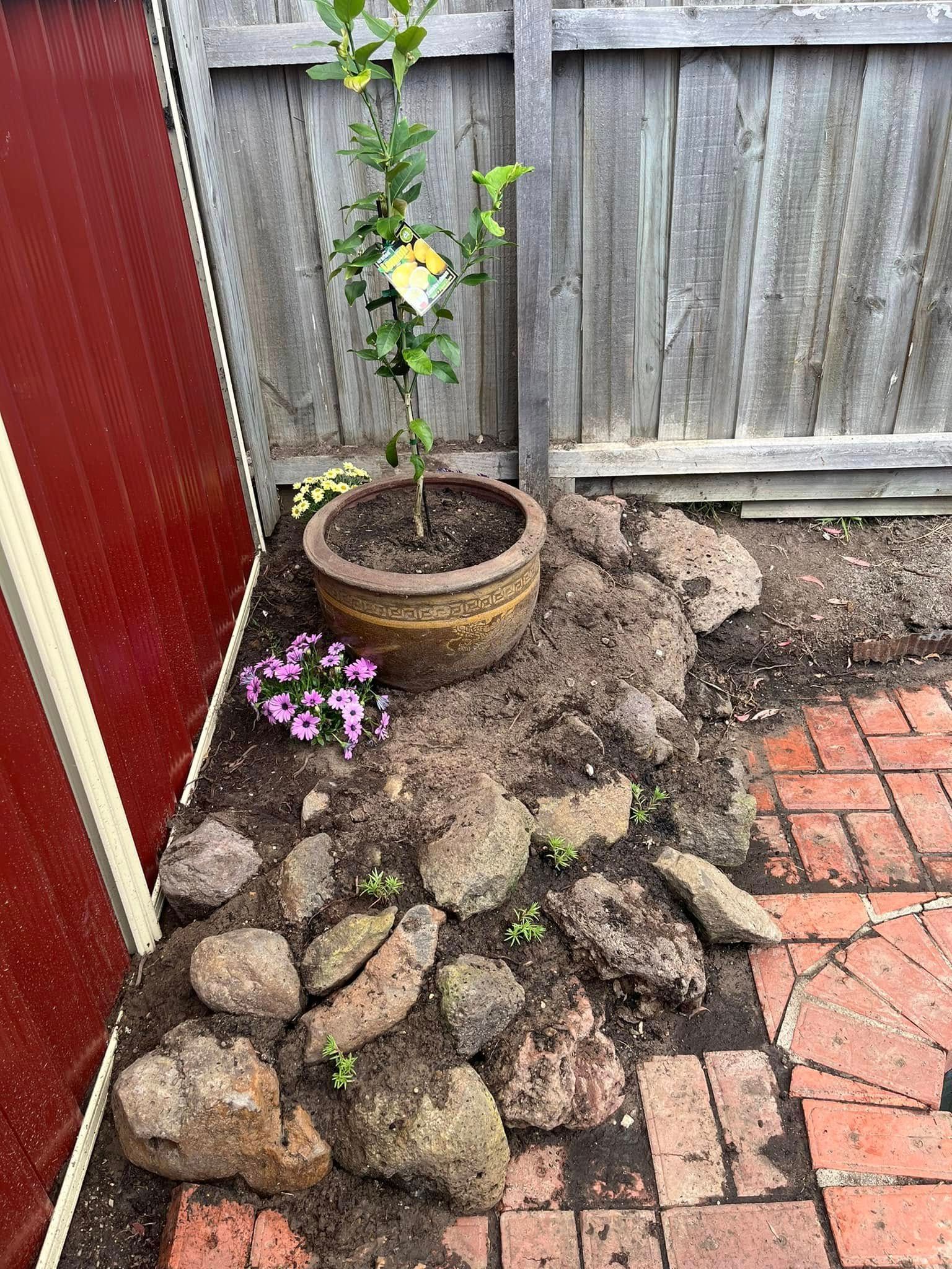 A Wooden Fence Surrounds a Patio With a Couch — RJT Lawn and Gardening in Leopold, VIC