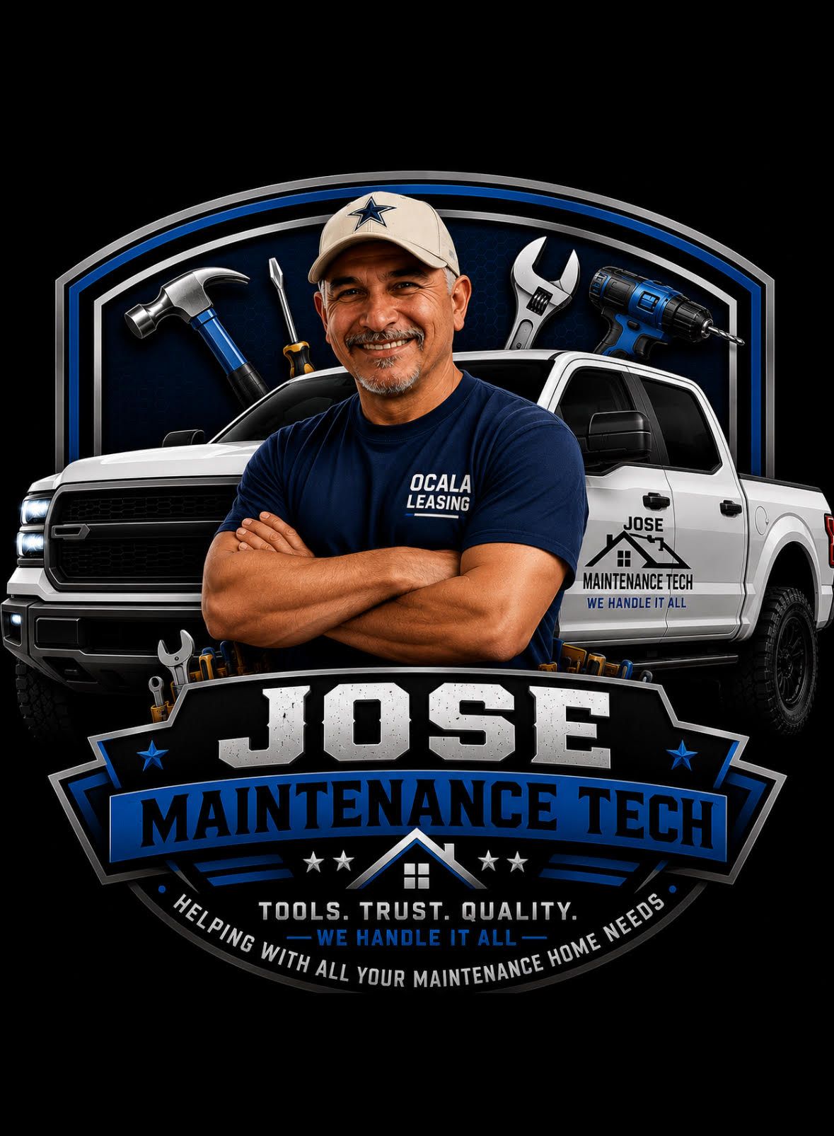 Logo for Jose Maintenance Tech featuring a smiling worker in a cap, crossed arms, and a truck with tools on a dark background