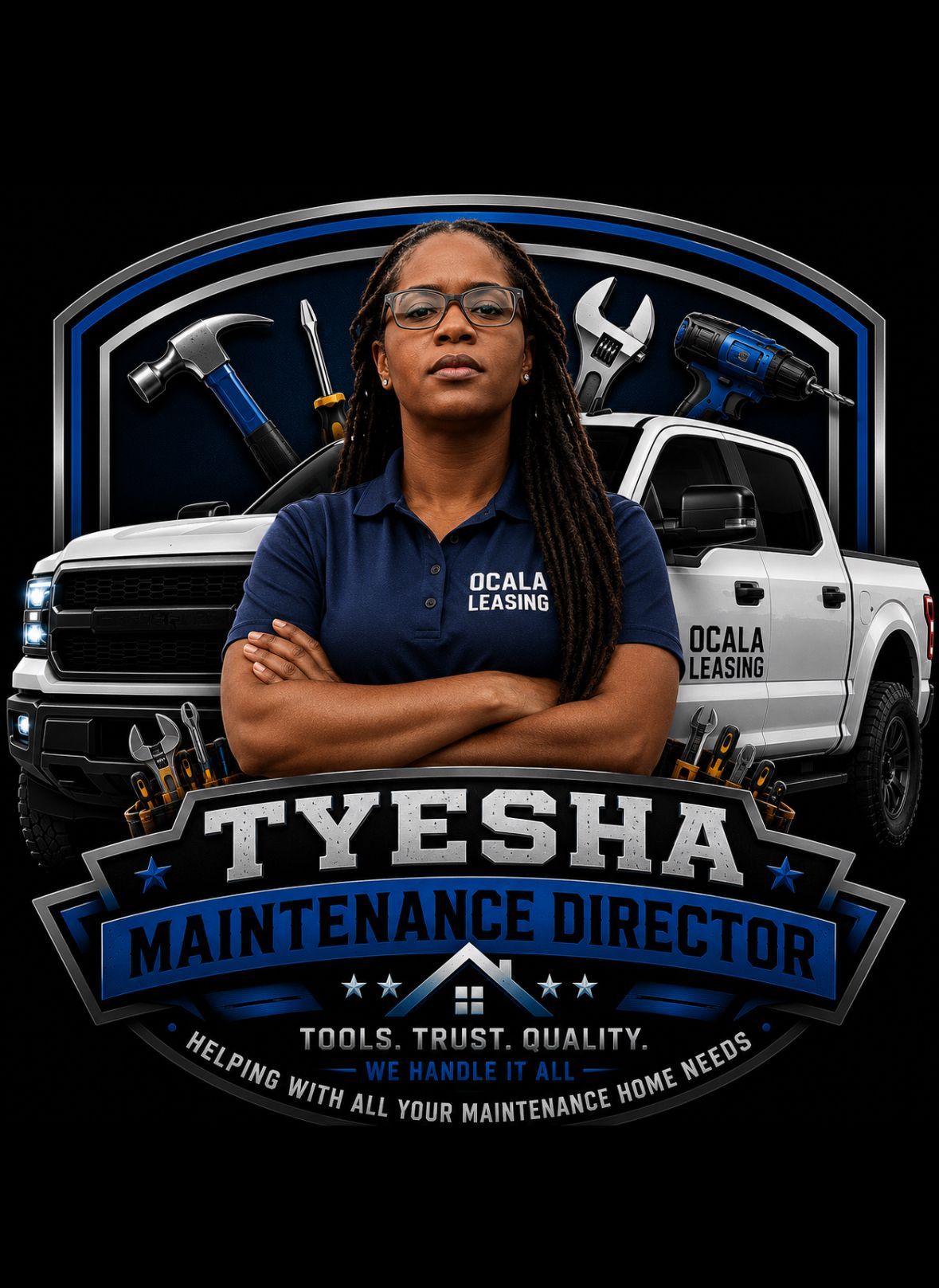 Tyesha standing before a pickup truck and tools, with “Maintenance Director” text and bold blue-black styling