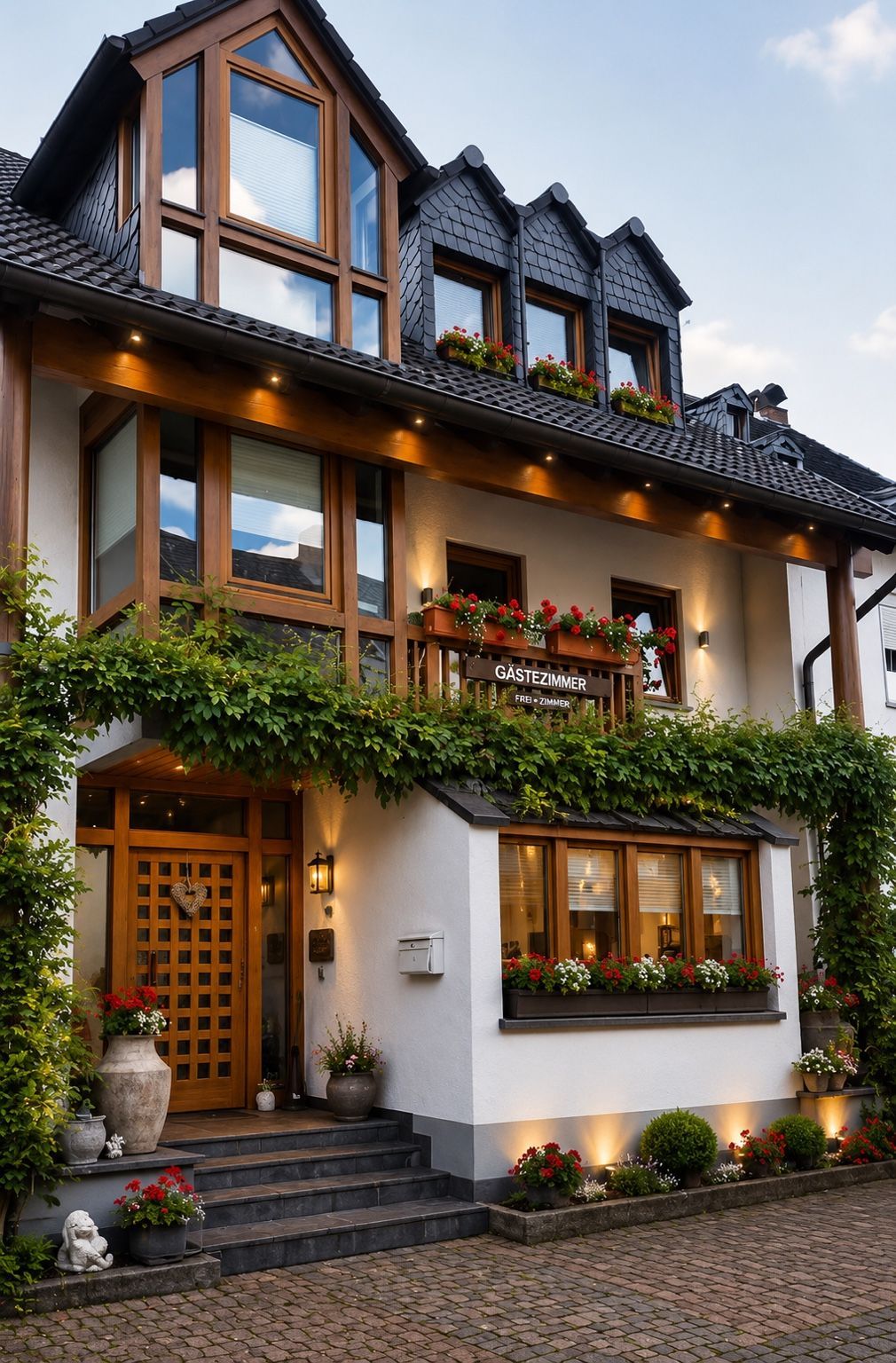 Unser Gästehaus Charmantes weißes Haus mit Holzverzierungen, Blumenkästen, Efeu und warmem Licht in der Abenddämmerung