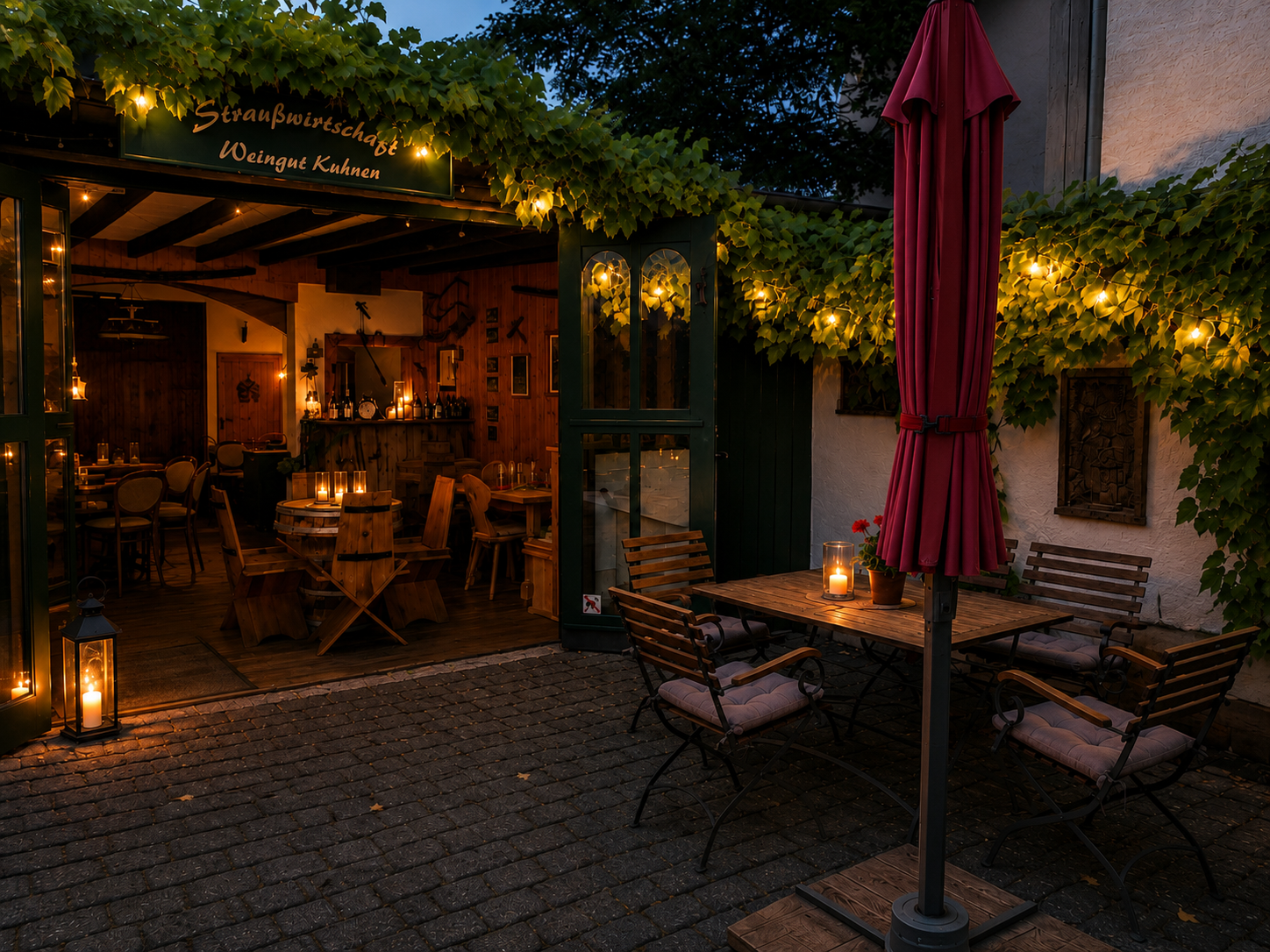 Gemütliche Terrasse eines Weingutes im Freien in der Abenddämmerung mit warmen Lichterketten, Tischen und Stühlen