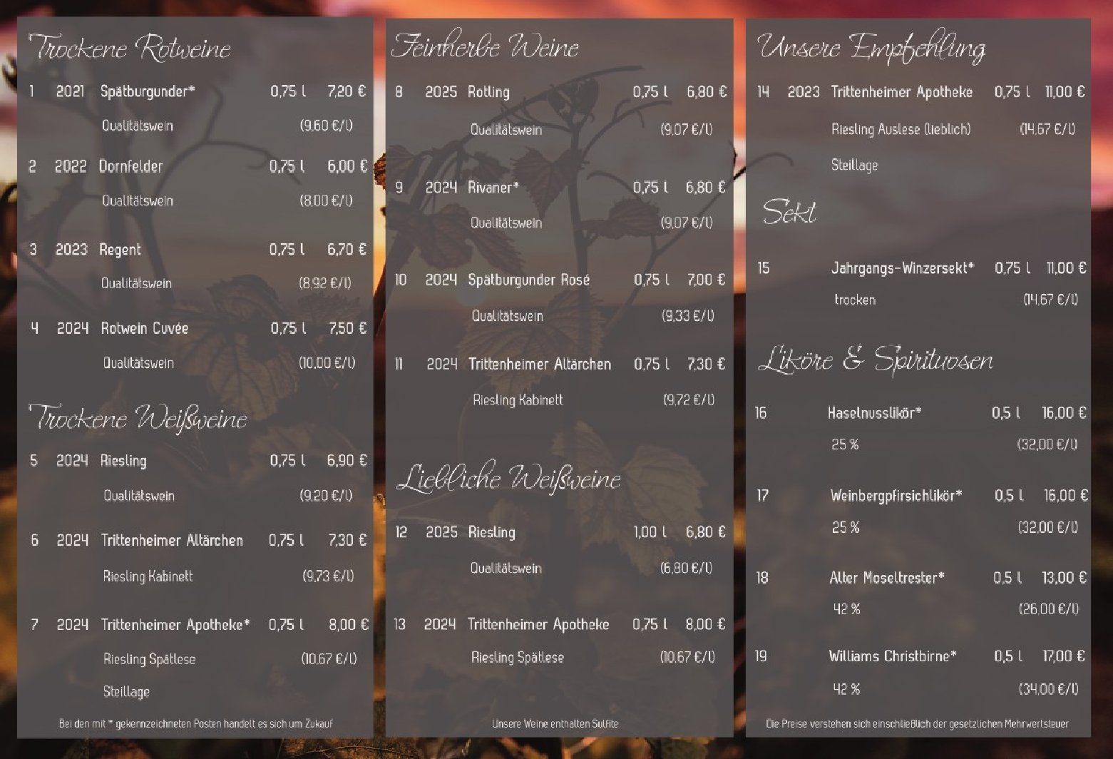 Unsere Weinpreisliste 2025/2026 (Innenseite) Unsere Weinpreisliste 2025/2026 (Innenseite)