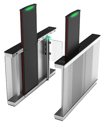 Two security access gates, one open, one closed, with green lights lit, in a modern, metallic design.