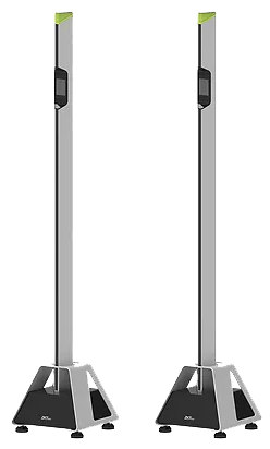 Two silver and black security pedestals with digital displays, on a white background.