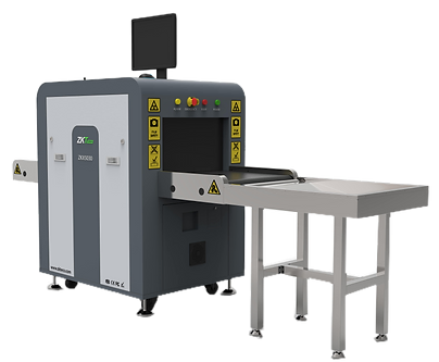 X-ray baggage scanner with conveyor belt and table, gray and black, for security screening.