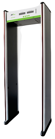 Metal detector gate, silver with black interior. Green top panel with displays.