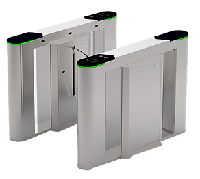 Two silver pedestrian turnstiles with black and green accents.