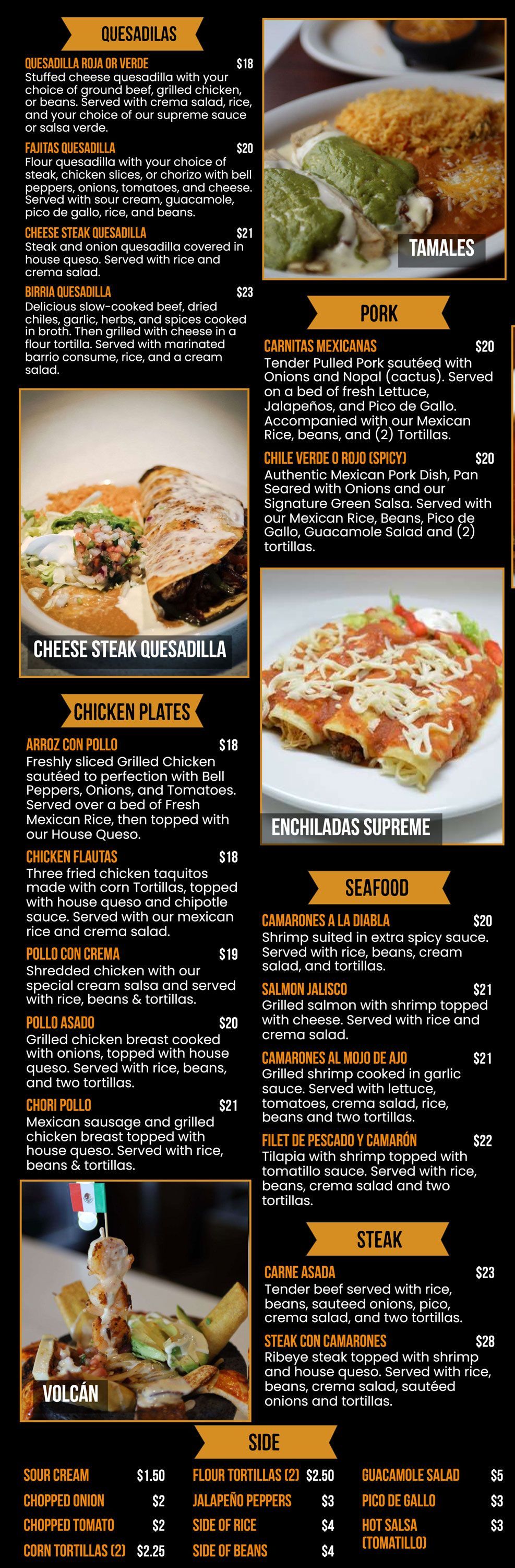 Menu with categories: appetizers, pasta, steaks, burgers, and sides; featuring images of food.