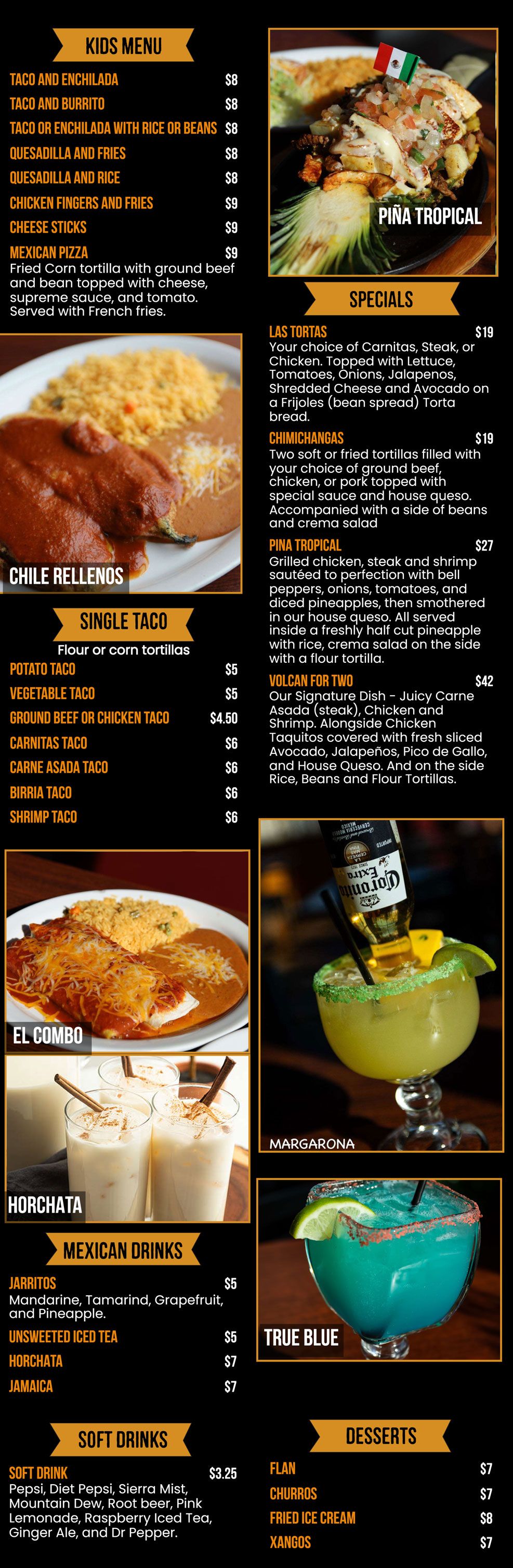 Menu with food and drink options including tacos, margaritas, and enchiladas.