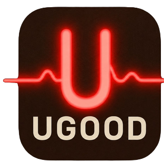 Black app icon with glowing red waveform and the word “UGOOD” underneath