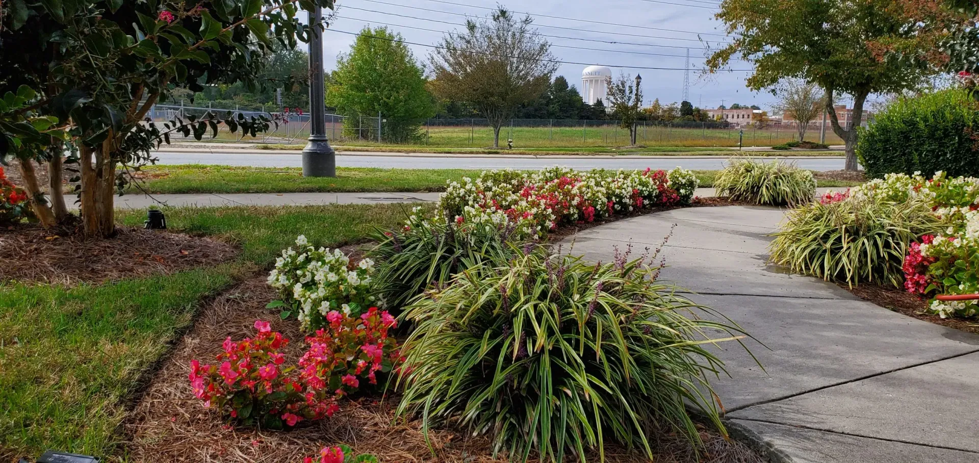 Flower beds border a curved sidewalk along a street with a few distant buildings under a cloudy sky.