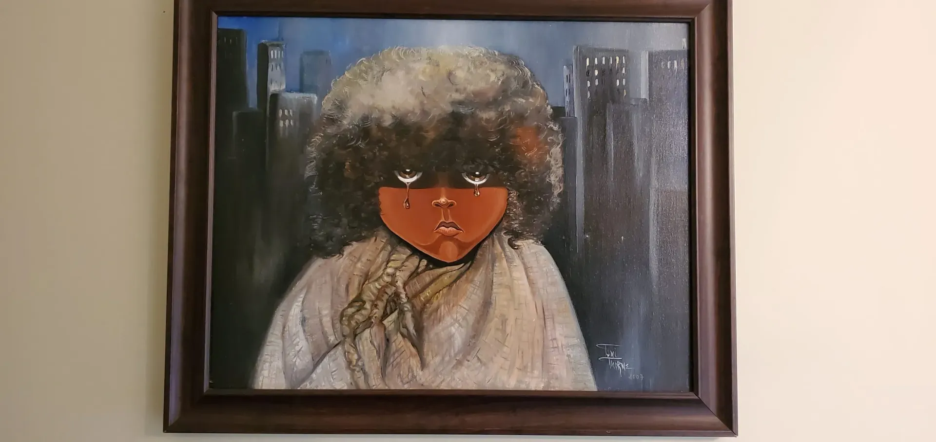 Painting of a figure with pixelated face wearing a fur hat. A cityscape is in the background.