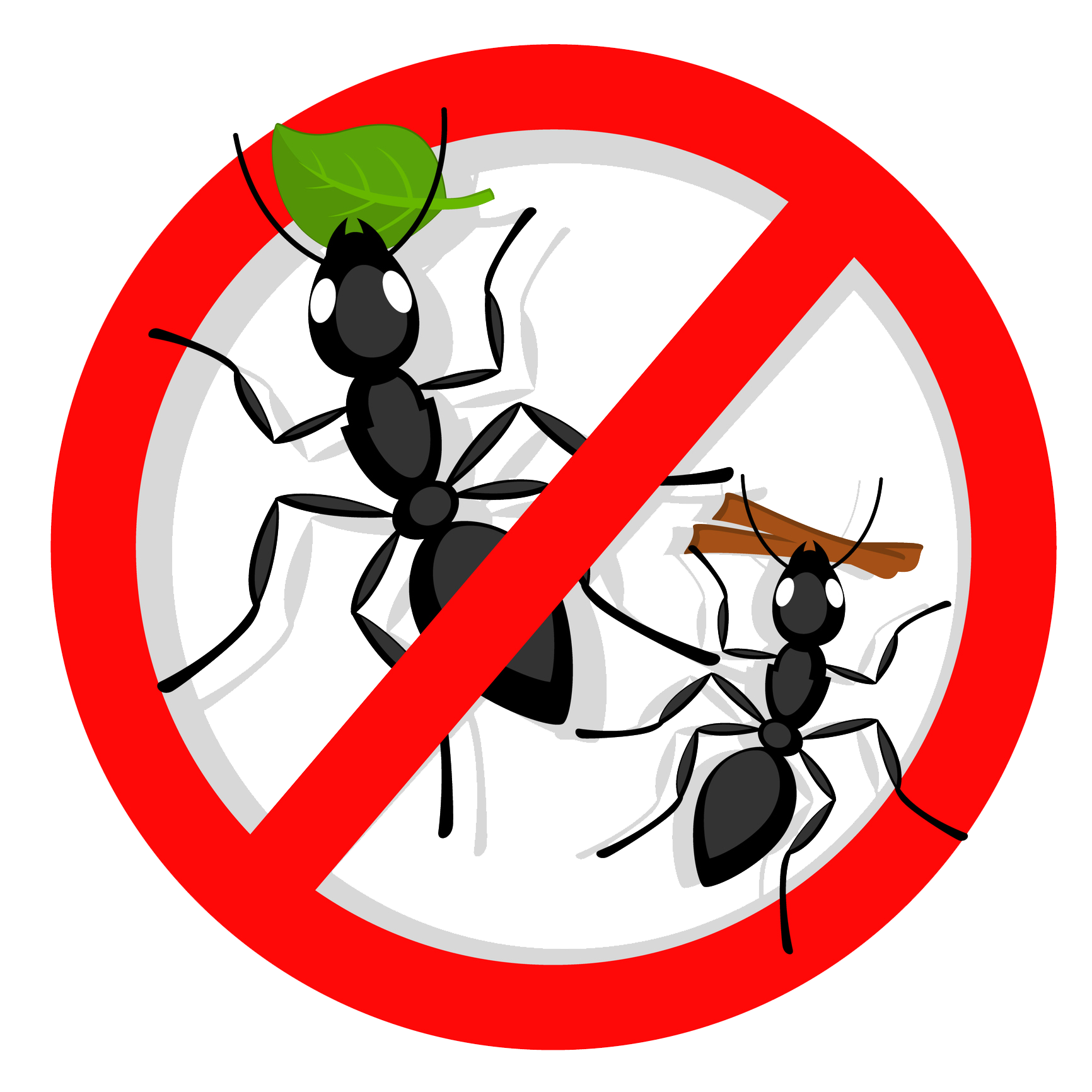 Red circle with a diagonal line through two black ants. Ants are carrying leaves and twigs.