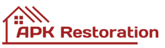 A logo for a company called APK Restoration with a house on it.