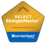 A yellow and blue shinglemaster roofing contractor badge