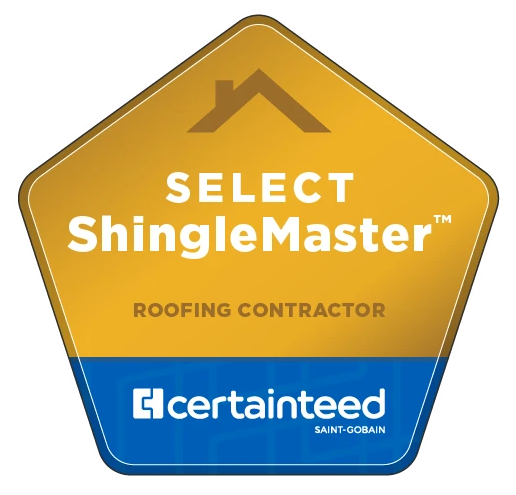 A yellow and blue shinglemaster roofing contractor badge