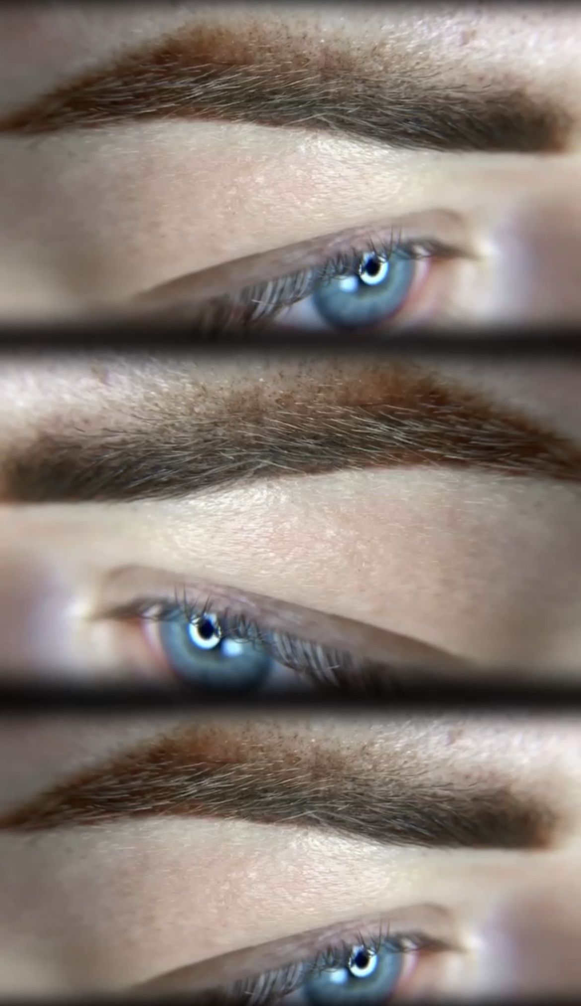 A close up of a woman 's eye with blue eyes and brown eyebrows.