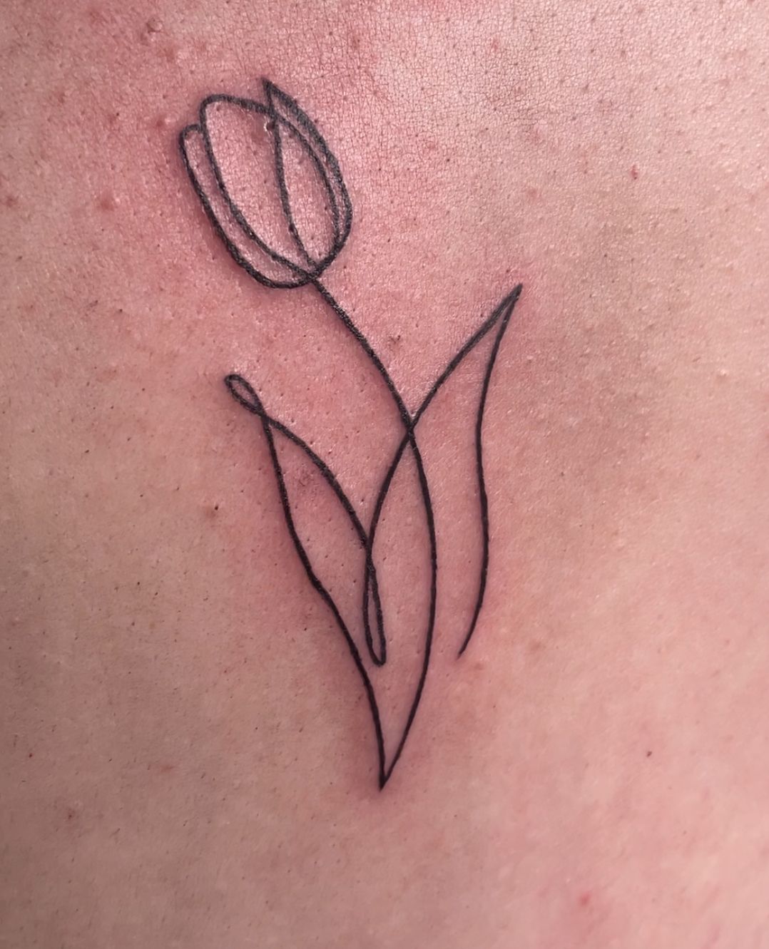 A close up of a tattoo of a tulip on a person 's back.