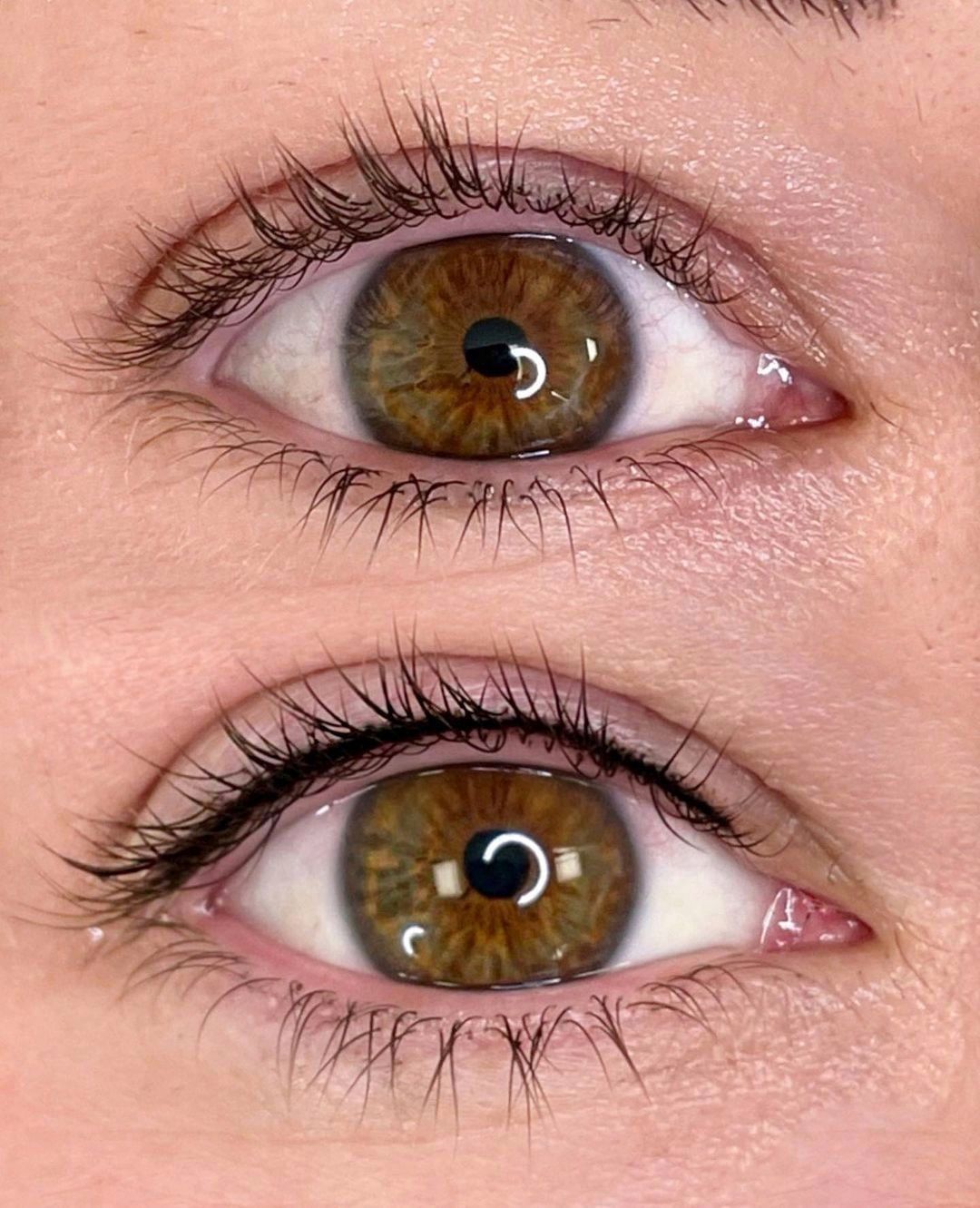 A close up of a woman 's eyes before and after eyeliner.