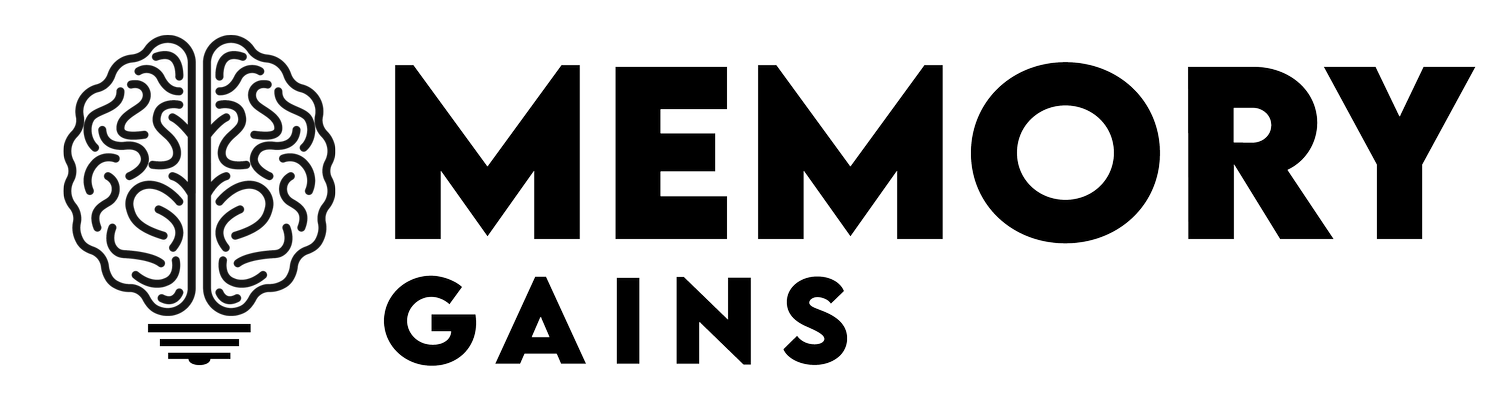 A black and white logo for memory gains with a brain and a light bulb.