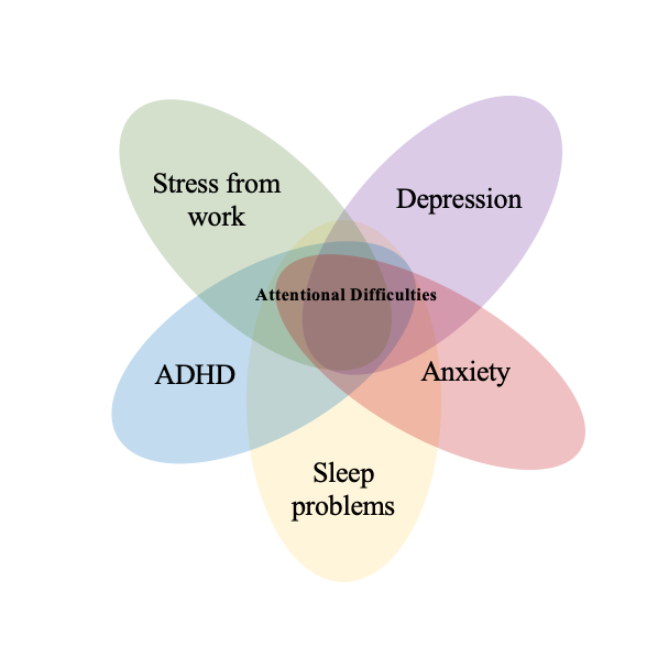 A diagram showing stress from work depression attentional difficulties adhd and sleep problems