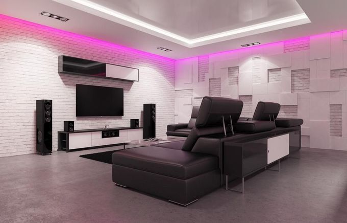 A Living Room with Speakers and a Brick Wall — D’Art Interiors in Eureka, NSW