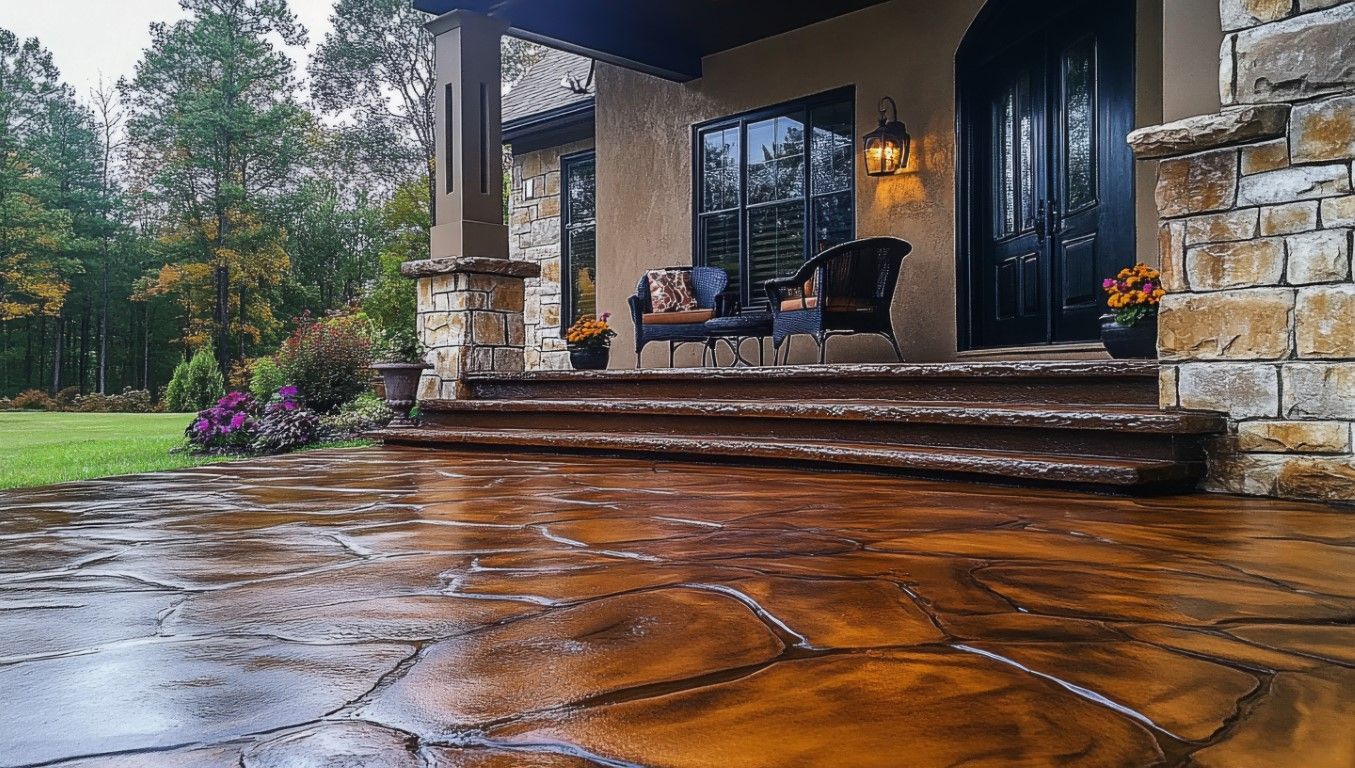 Finished stamped concrete patio with a grey slate tile pattern.