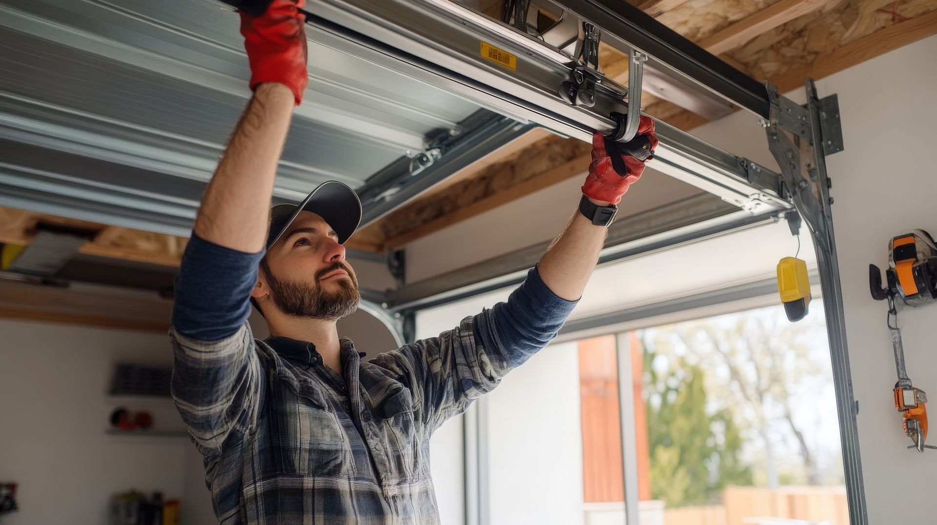 Worker adjusting the hardware on a partially open garage door inside a garage.