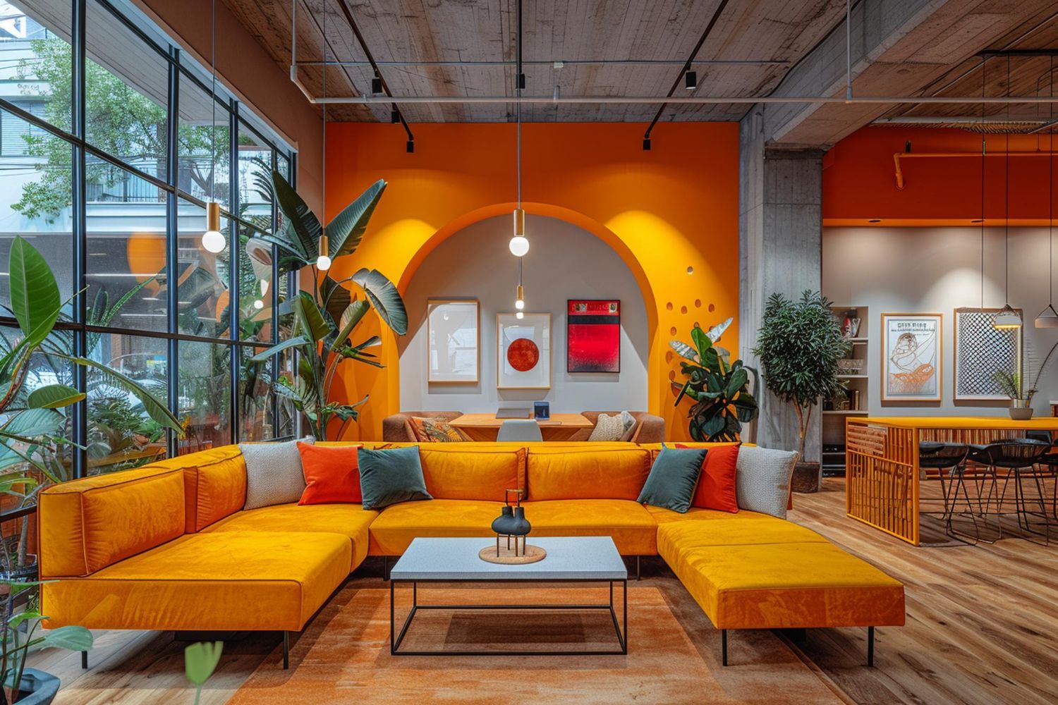 A living room with a large yellow couch and a coffee table.