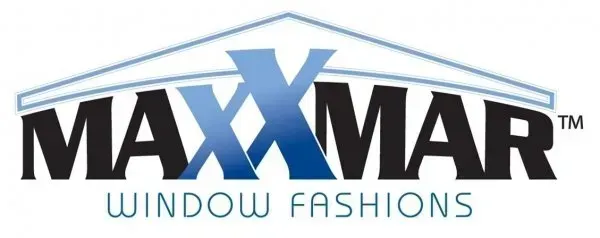 The logo for maxmar window fashions is blue and black